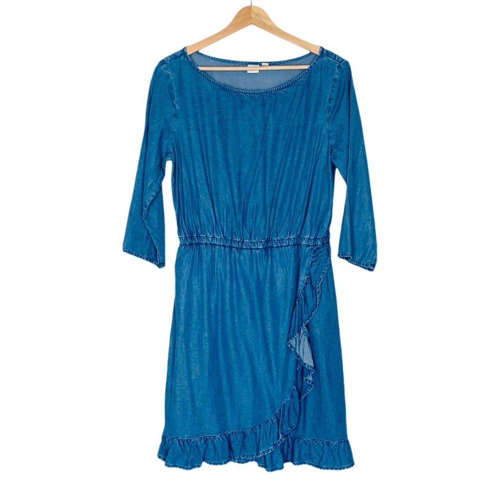 Gap Tencel Chambray Faux-Wrap Ruffle Dress Size Medium Denim Coastal Cowboy